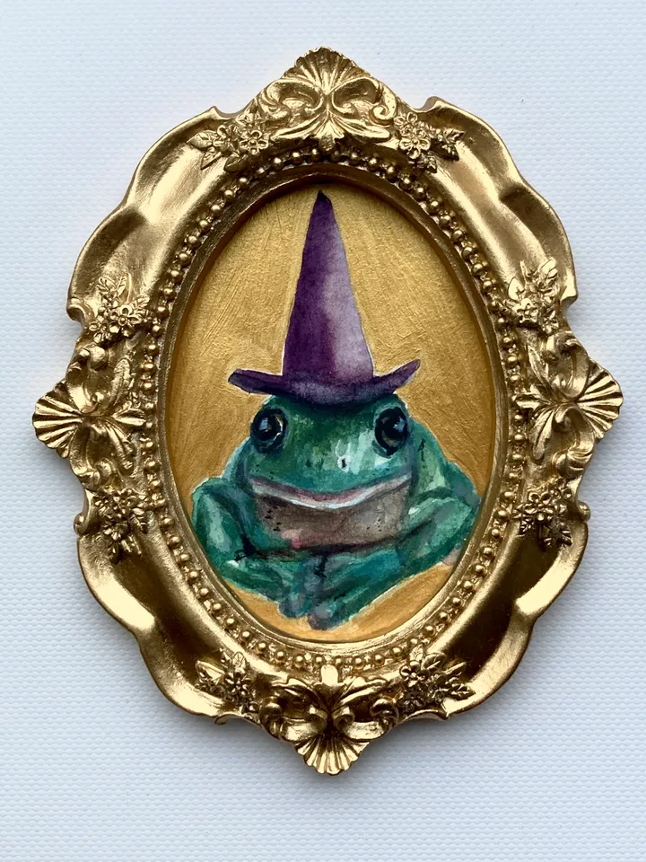 Framed Witch Frog Painting Original Green Frog Artwork Amphibians Art Watercolor Painting Tiny Artwork