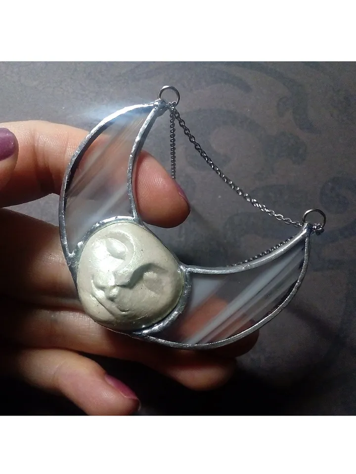 Stained glass moon, Moon Goddess, Moon phase necklace, Stainglass crescent, Full moon pendant, Moon face necklace