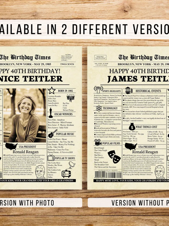 40th Birthday Newspaper Poster for Her or Him – Born in 1985 Sign, Back in 1985 Printable, Vintage 40th Birthday Decorations