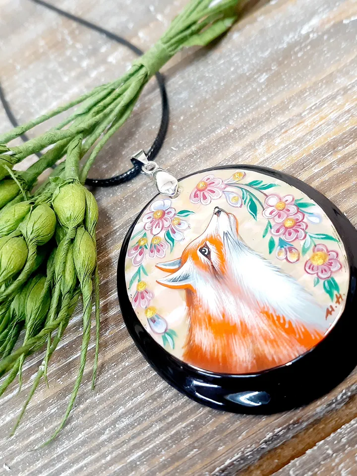 Russian jewelry: Wild red Fox painted in Fedoskino style pendant. Cute wild nature painted on necklace. Collectible gift for grand mother