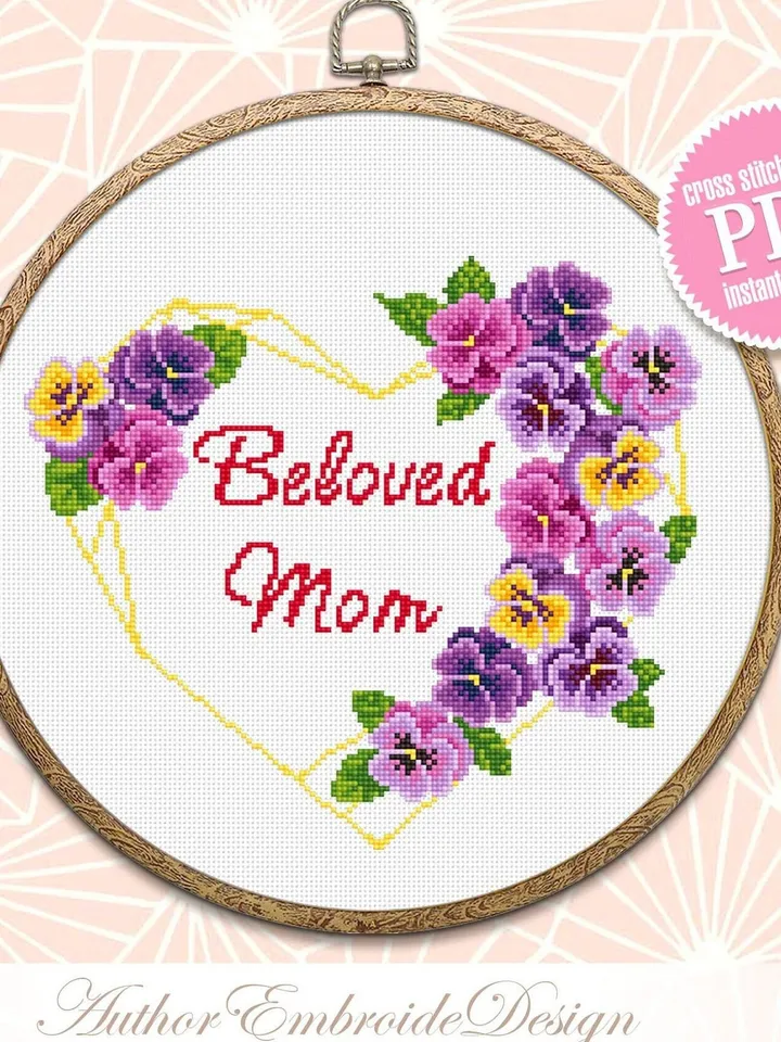 Floral heart frame cross stitch pattern PDF download Beloved Mom cross stitch chart, Violets flowers cross stitch, DIY gift for mother #Q28