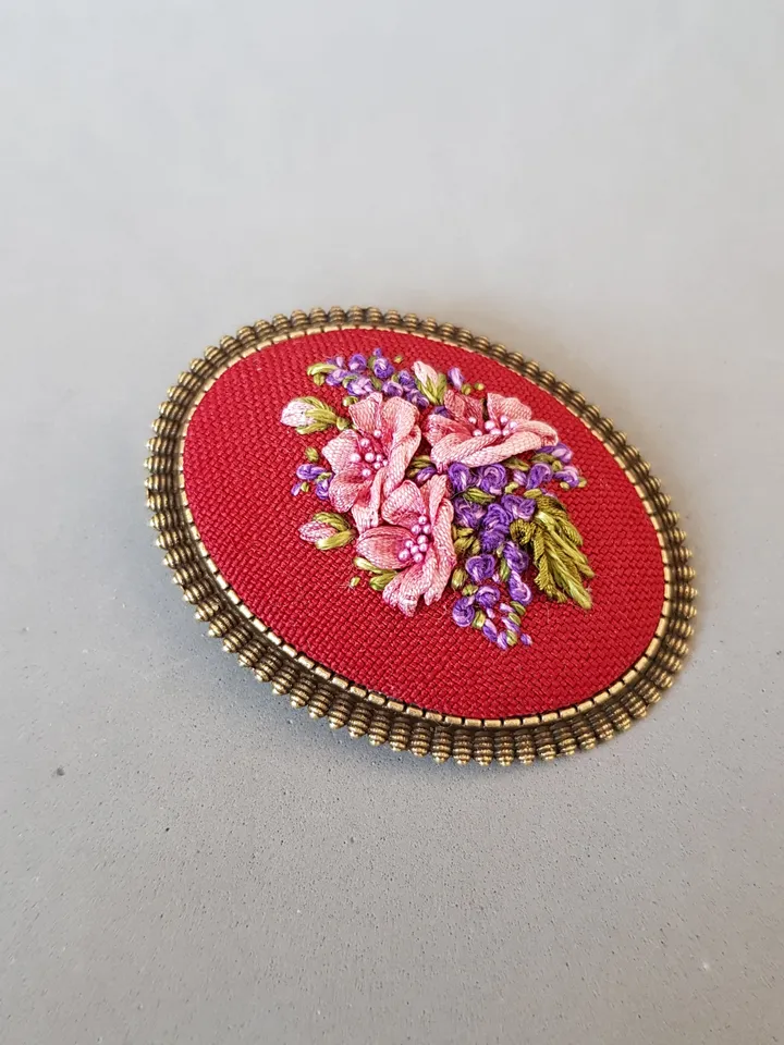 Ribbon embroidered bordo color brooch for her, hand embroidery jewelry