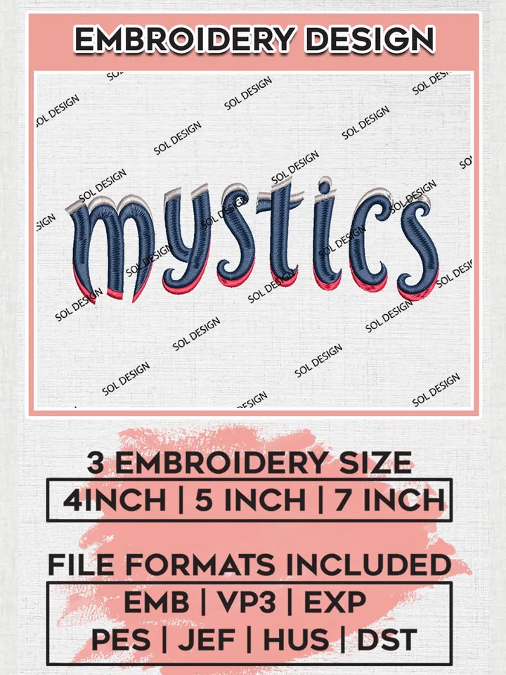 WNBA Mystics WordMark Logo Embroidery Files, WNBA Washington Mystics Team Embroidery Designs, Basketball Teams, 3 sizes, WNBA Machine embroidery designs, Digital Download