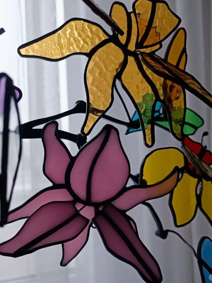 Large 3D Stained Glass Branch with Beaded Garlands, Large 3D Branch with Glass Bead Garlands, Large 3D Stained Glass Branch with Beaded Garlands, Artistic Glass Flower Stem with Beads, Fantasy-Inspired 3D Floral Glass Sculpture, Handcrafted Stained Glass