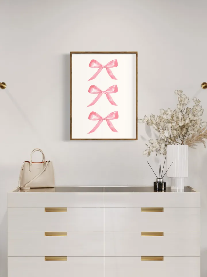 Pink Bow Painting Art Print, Watercolor Bow, Pink and White, Newborn Girl, Pink Chinoiserie Wall Art Print