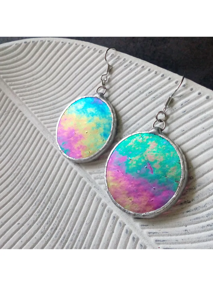 Iridescent stained glass earrings, Dichroic earrings, Duochrome earrings, Round stained glass