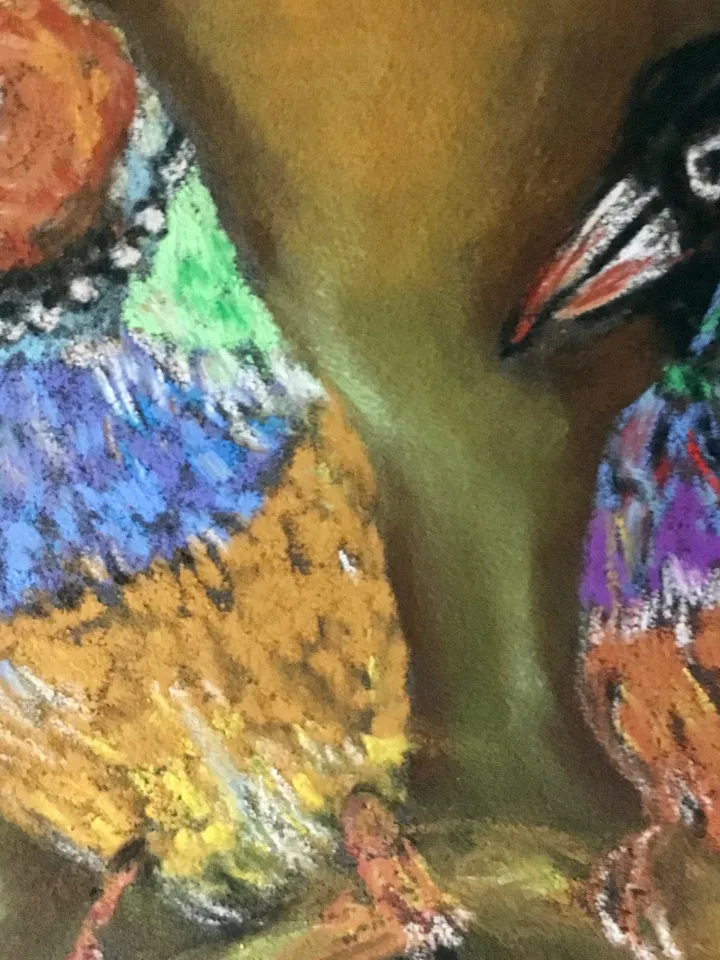 Funny birds painting ,3 friends, original pastel painting,bright colours.