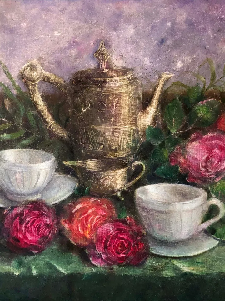 Still life Painting Original Oil Floral Still life Teacup Painting Breakfast Painting