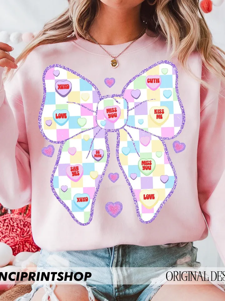 Valentines Candy Heart Bow png, Valentines Coquette Bow png, Cute Valentines png, Valentines Day png, Valentines Shirt png, Coquette bow png