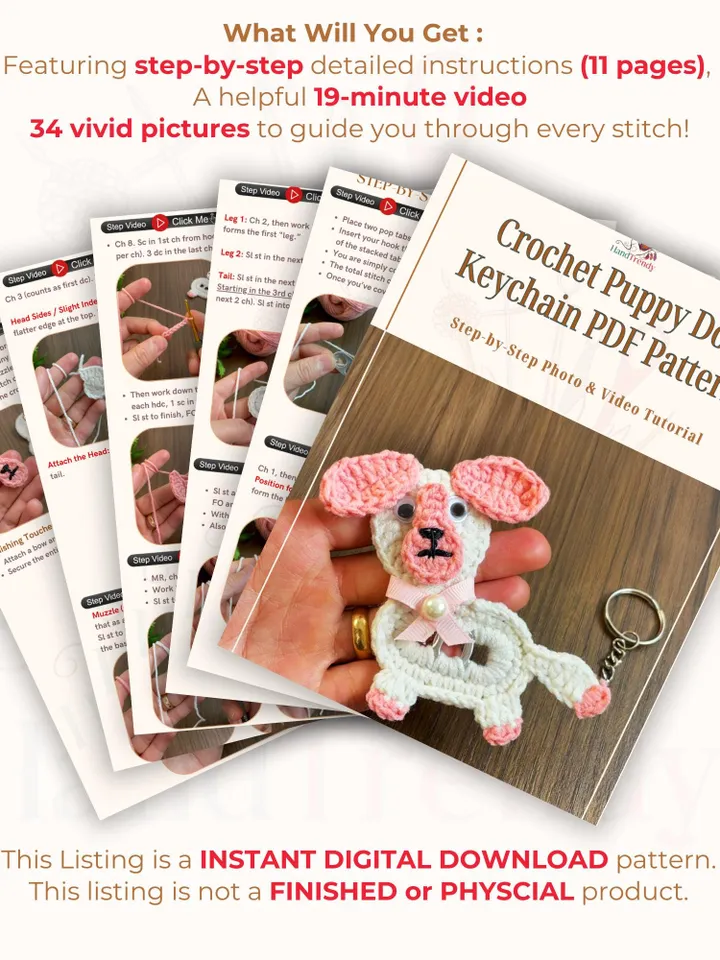 Crochet Puppy Dog Keychain PDF Pattern, Amigurumi Puppy Keyring Tutorial, Upcycled Can Tab Craft, DIY Scrap Yarn Keychain, Instant Download
