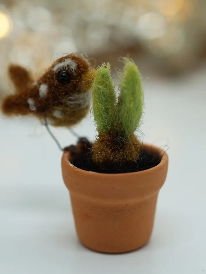 Tiny needle felted wren on a ceramic pot, miniature bird, made to order