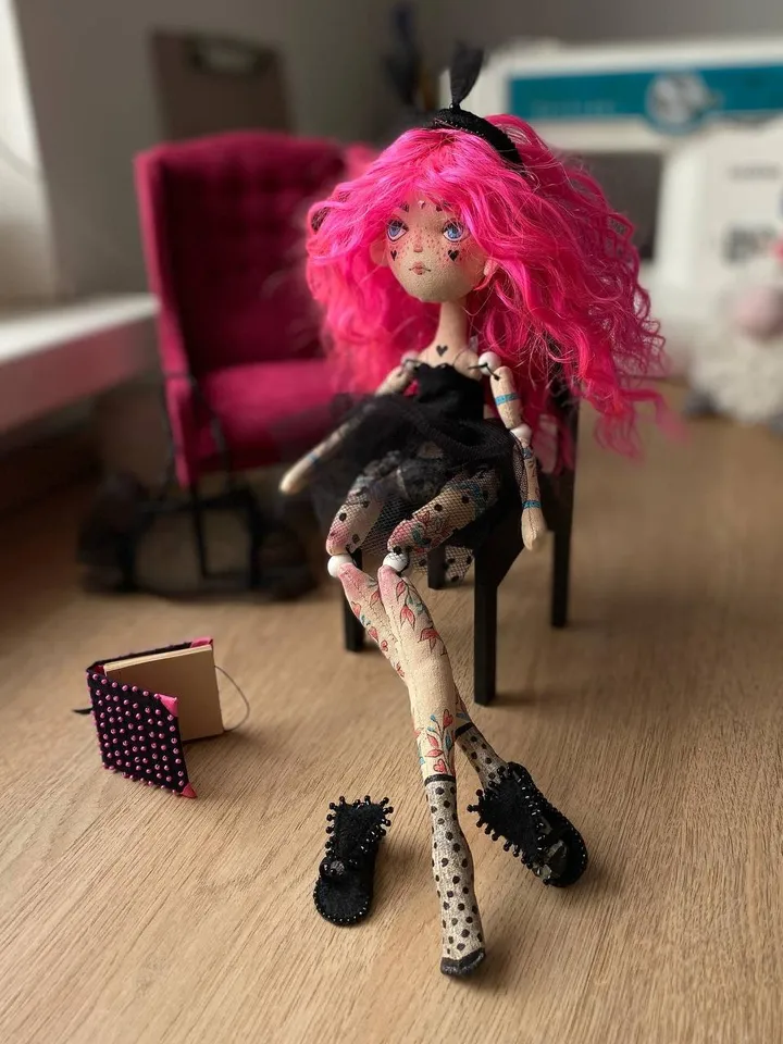 Librarian doll with pink hair and tattoo. Bookworm doll with cat