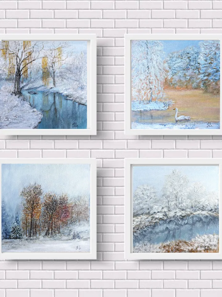 Painting Winter landscape with birches, Dawn River Reflection
canvas on cardboard 10x10 inches, oil paints