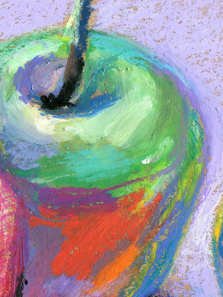Still life three bright apples, Original oil pastel drawing on A4 craft paper.