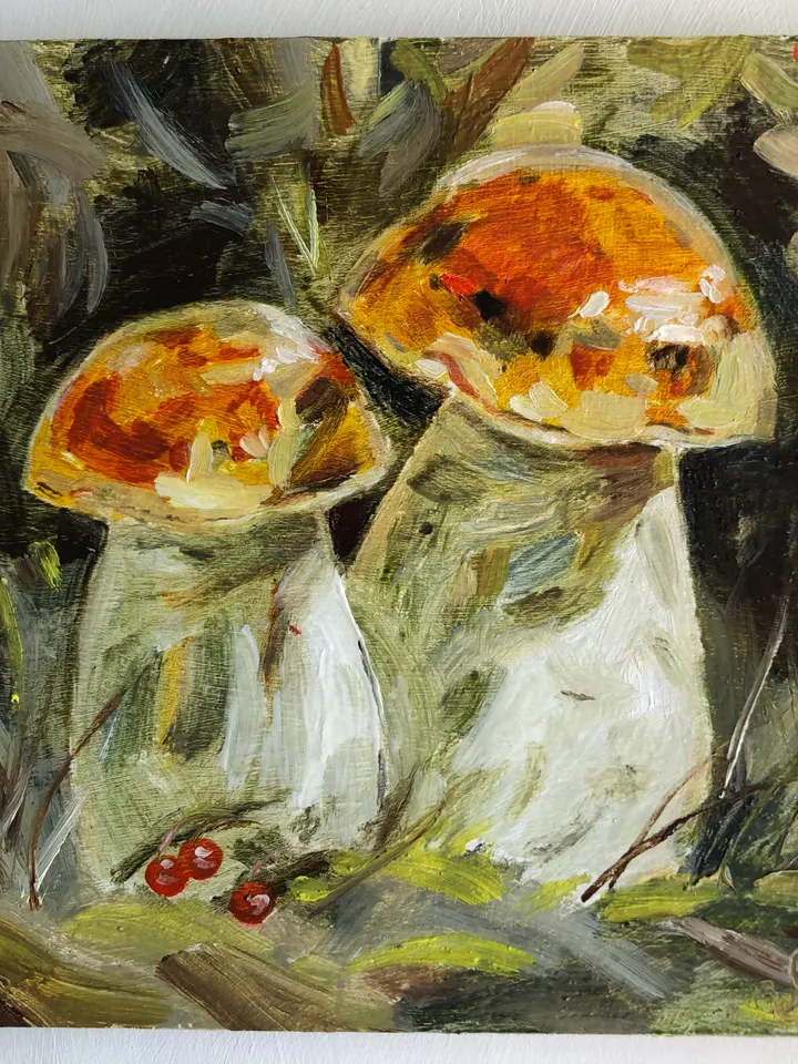 Mushrooms modern original oil painting wall art painting 6 x 6 inches
