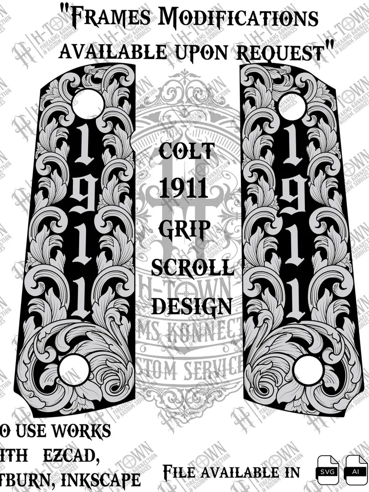 Colt 1911 Grip Scroll Engraving Design: Laser-Ready Vector (Digital Download