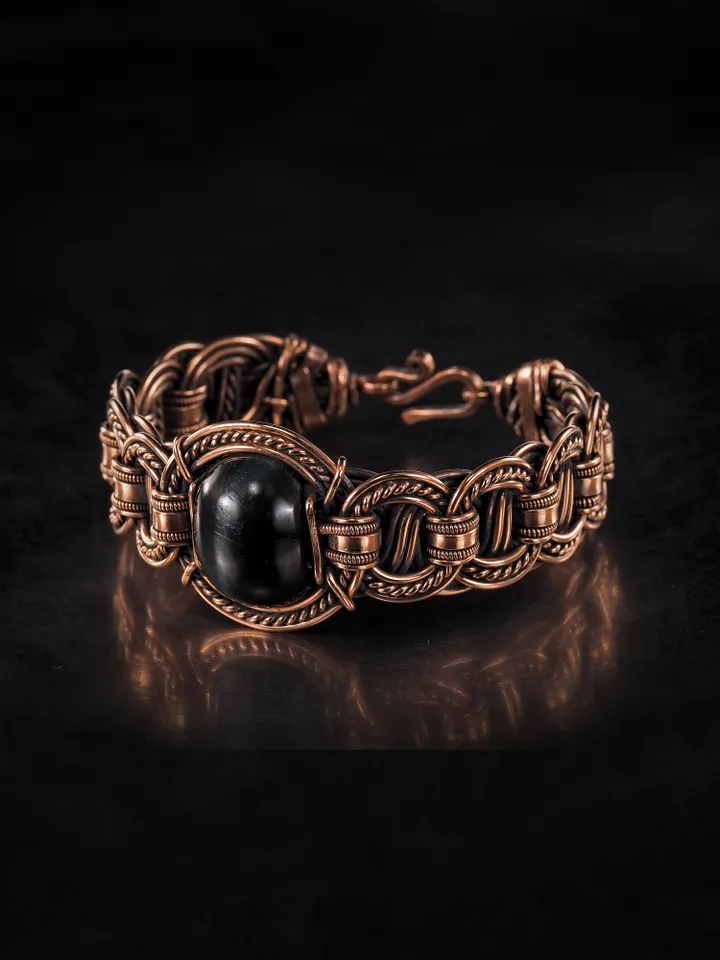 Copper wire bracelet with natural falcon eye, 7th Wedding Anniversary gift