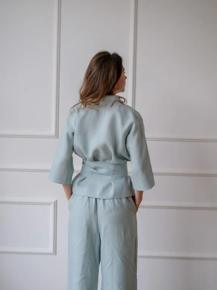 Linen suit - Kimono jacket with pants for women - Linen Kimono Wrap Top - Linen clothing womens