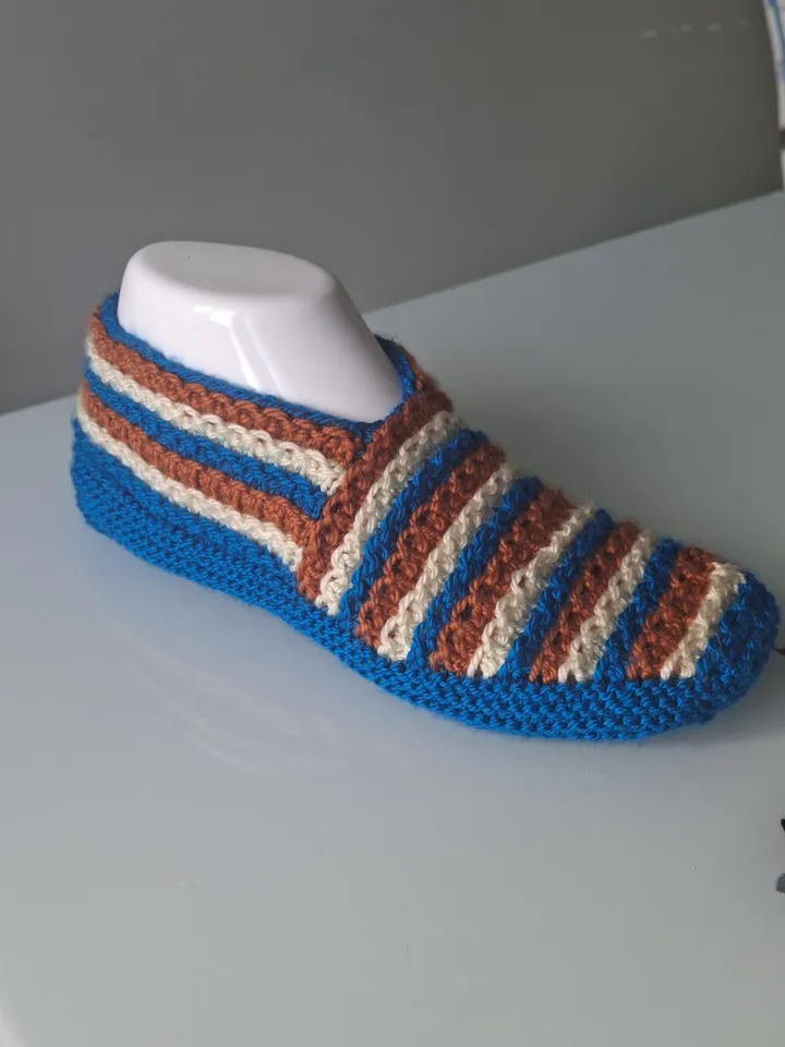 Blue Tan and White Color Wool Slippers - Handmade Cozy House Shoes