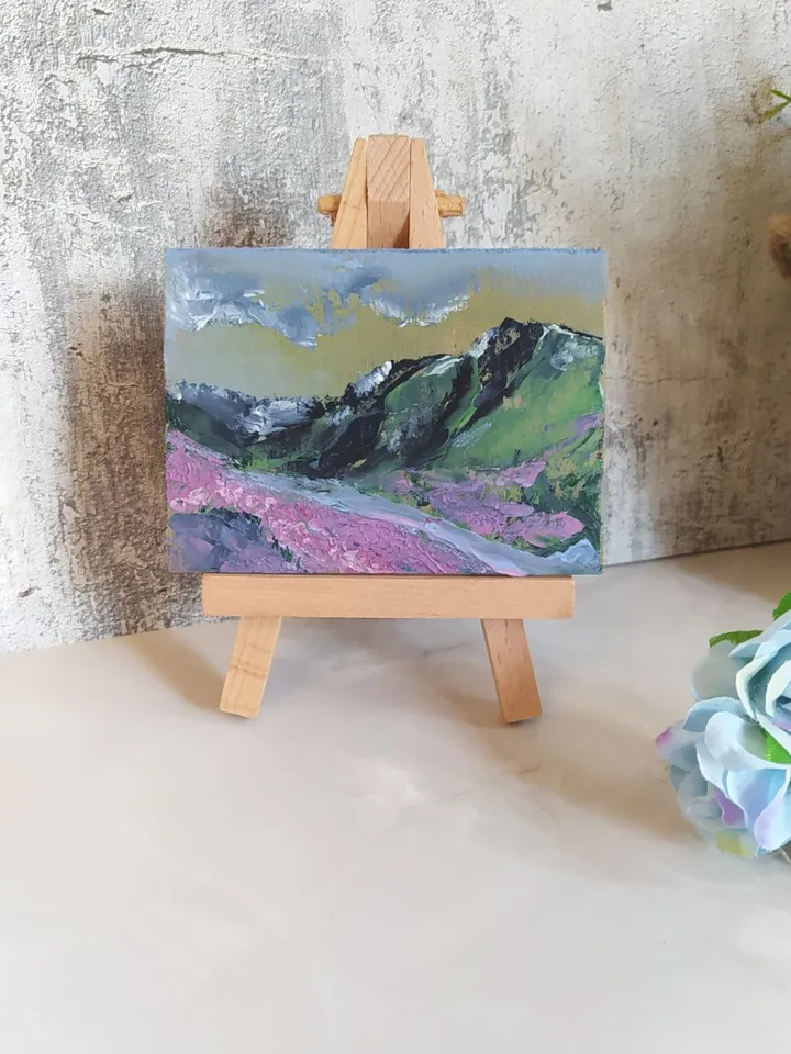 ACEO 1 Mountain landscape with lavender field, 2.5*3.5 inches (6.5*9 cm)