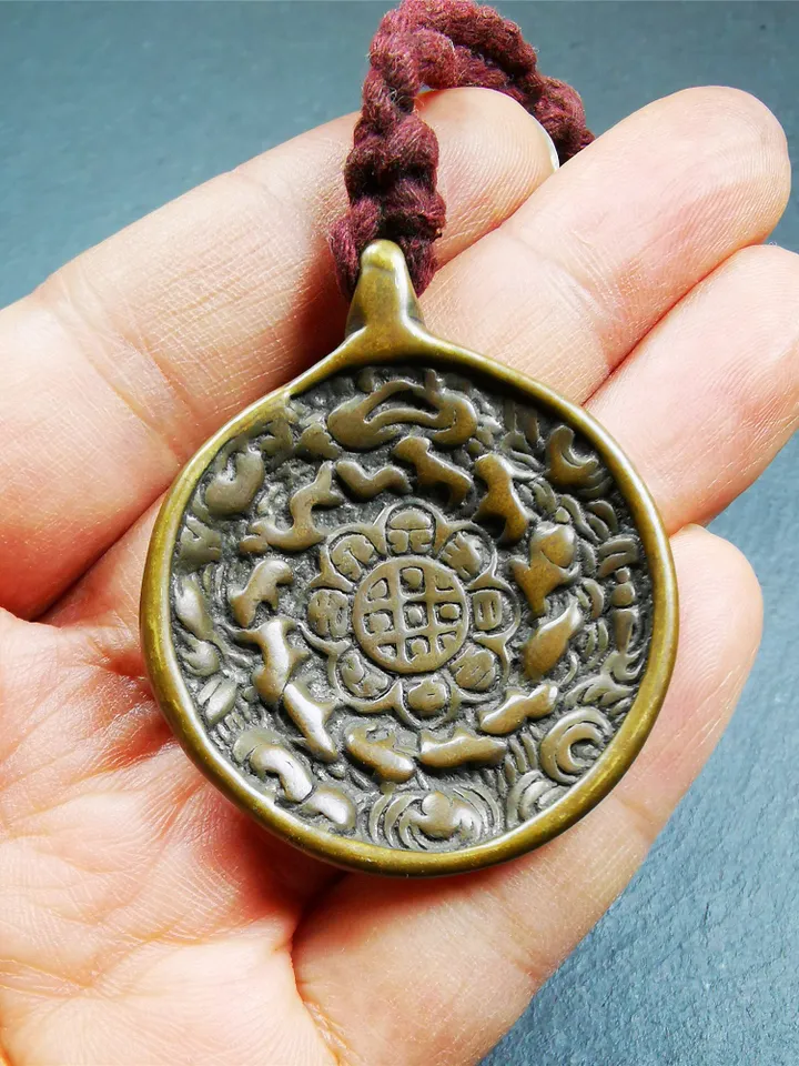 Gandhanra Antique SIPAHO(srid pa ho) Amulet, Tibetan Buddhist Astrology Badge,12 zodiac Melong Mirror, Jiugong Bagua Badge,30 Years Old