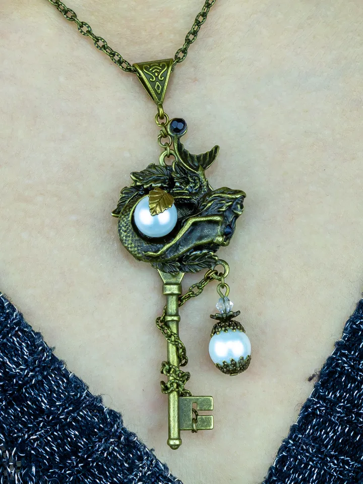 Handmade Unique Vintage Pendant - Key with Mermaid Pearls