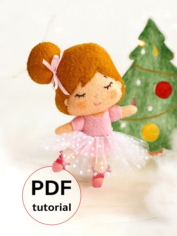 Felt ballerina hand sewing PDF tutorial with patterns. Christmas tree ornament. Soft doll pattern