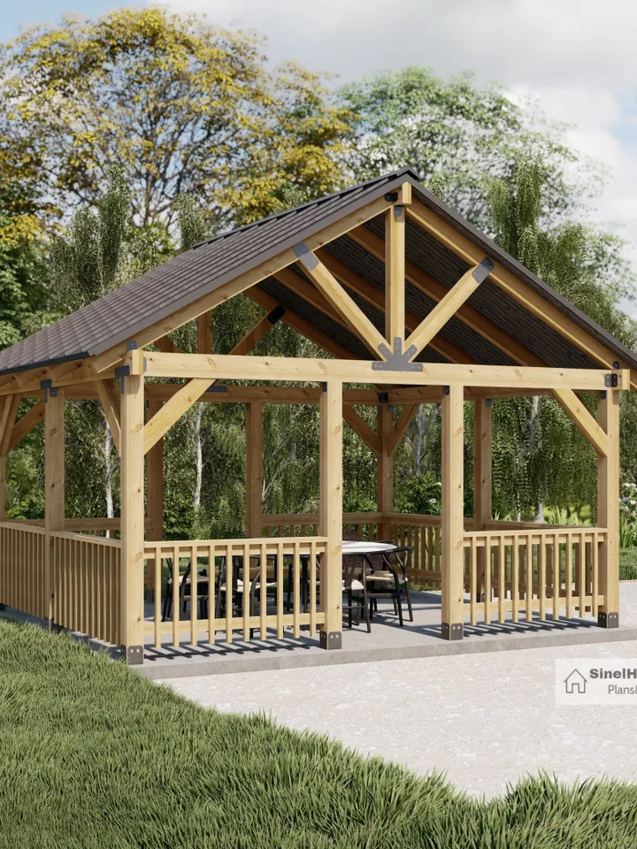 16'x14' Gazebo Pavilion Plans, Garden Picnic Shelter Construction Blueprints, Pavilion with Railing