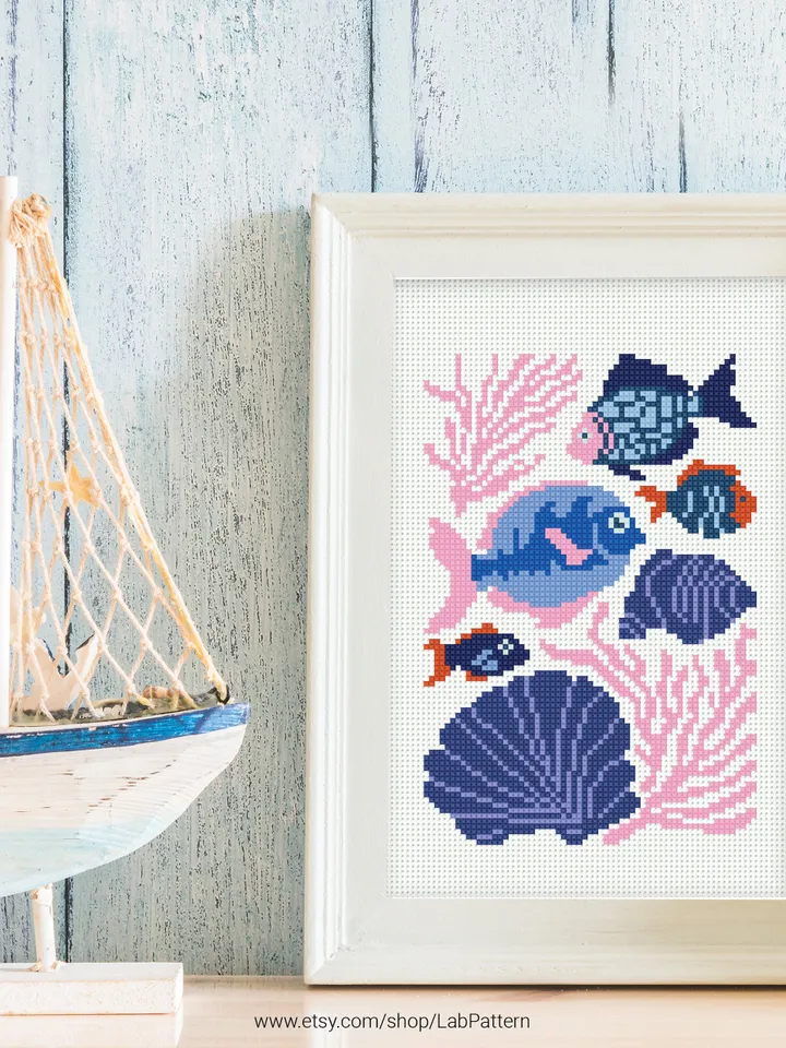 Bundle of 4 mini Sea Cross stitch patterns contemporary ocean fish shell Abstract beginner counted modern chart DIY embroidery instant PDF