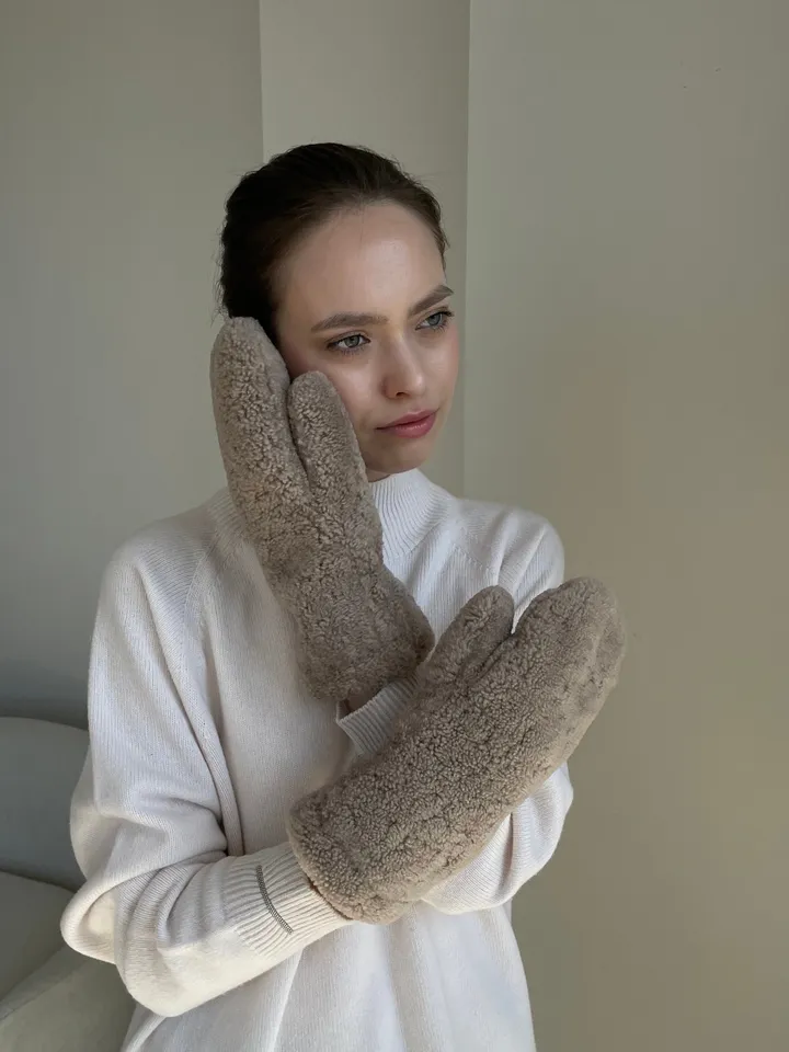 Genuine shearling mittens dark beige colour/ real fur mittens /women cold weather designer gloves / warm cosy mittens/ winter wear