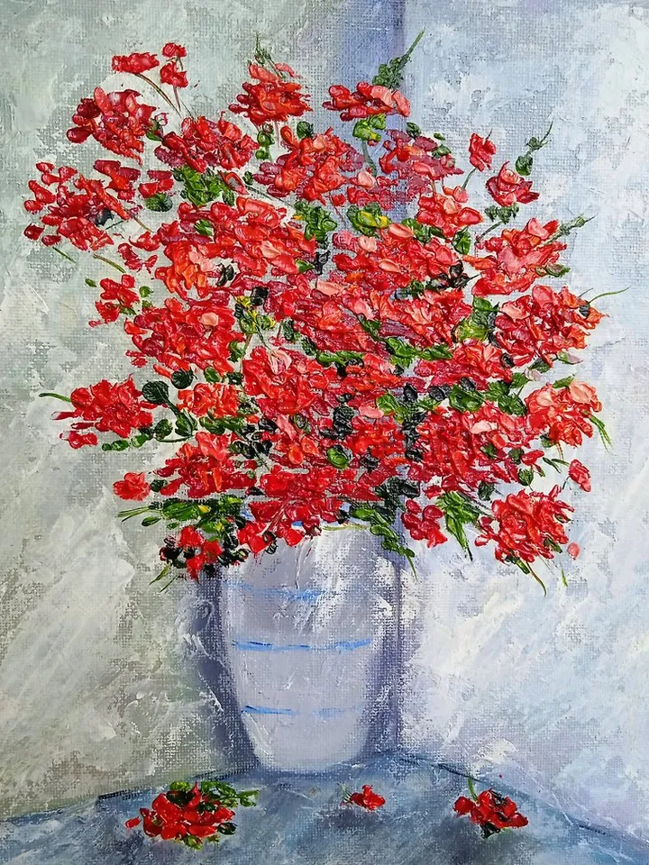 Oil painting Bright red flowers in a white vase Impasto Art 25 x 20 centimeters