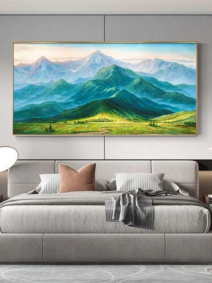 Original Landscape Oil Painting On Canvas, Green Mountains Painting, Realistic Art of Field Scenery, Summer Decor, Large Wall Art,Home Decor
