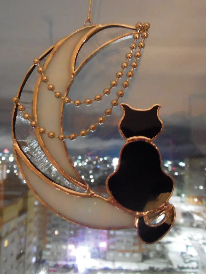 Black Cat On The Moon with Chains . Art stained glass window hanging Suncatcher . Gift for animal lover , pet loss memorial . White , black