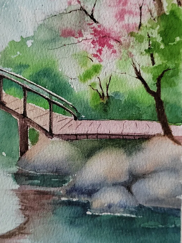 Japan Landscape Art Cherry blossoms Artwork Bridge River Picture Original Watercolor Painting 10.62x15.35 in by SoftWaves