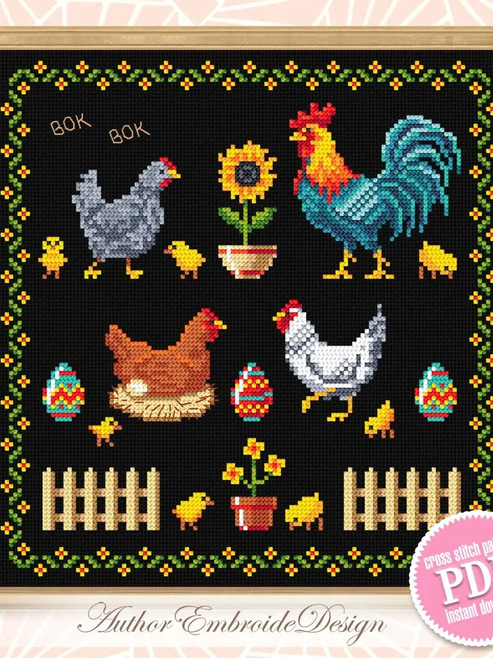 Rooster and Chicken sampler cross stitch pattern PDF download, Easter sampler pattern digital PDF, Farmhouse chicken wall decor #T36