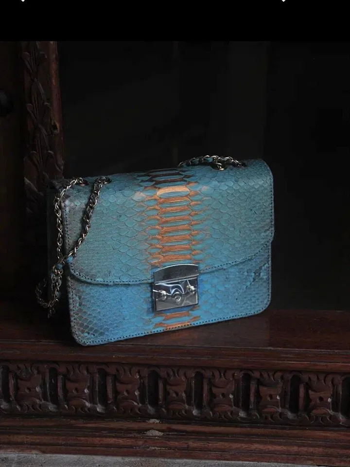 Genuine python skin crossbody blue classy bag| designer women leather handbag | snakeprint bag | crossbody purse | gift for her