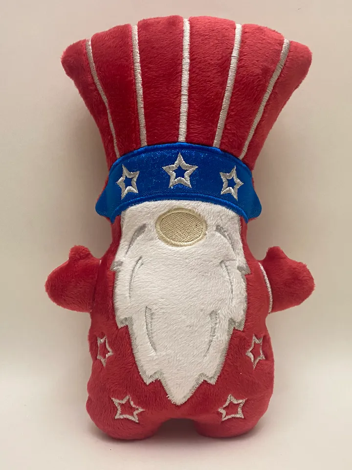 In The Hoop Machine Embroidery design Patriotic USA American Gnome wearing uncle Sam hat toy soft stuffed ITH Pattern.