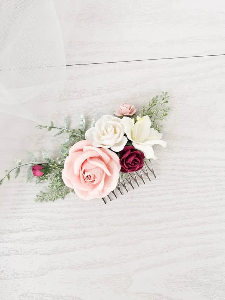 Blush Burgundy flower hair comb, Bridesmaid hair piece, Bridal hair comb, Wedding hair comb, Blush rose hair