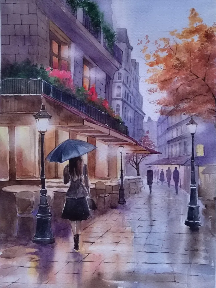 Old Paris Cafe Painting Girl Umbrella Art Cozy Cityscape Artwork Night Street Picture Original Watercolor Painting 11.8x15.7 in by SoftWaves