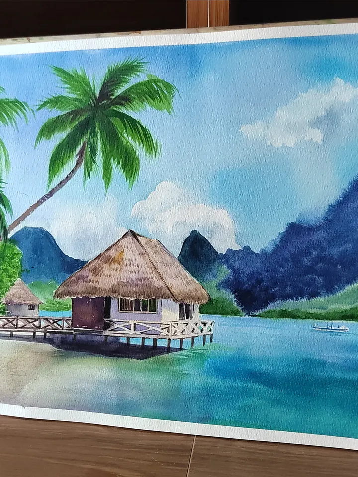 Original Watercolor Painting Tropical Landscape Art Beach and Bungalows Artwork Sea with Mountains Picture Aquarelle Tropical Beach