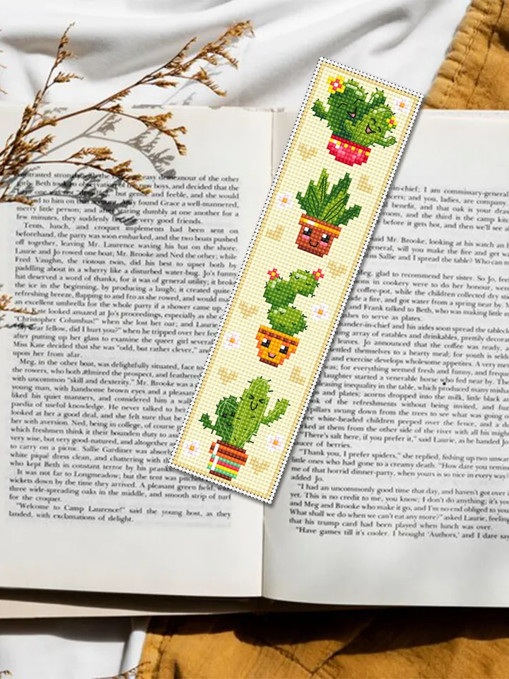 Cactus bookmark cross stitch pattern PDF download Kawaii cactus cross stitch chart, Floral bookmark pattern digital PDF, Potted plants #B340