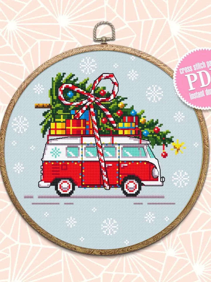 Christmas tree van cross stitch pattern download PDF Holiday hand embroidery Red truck christmas cross stitch Christmas pattern digital #N19