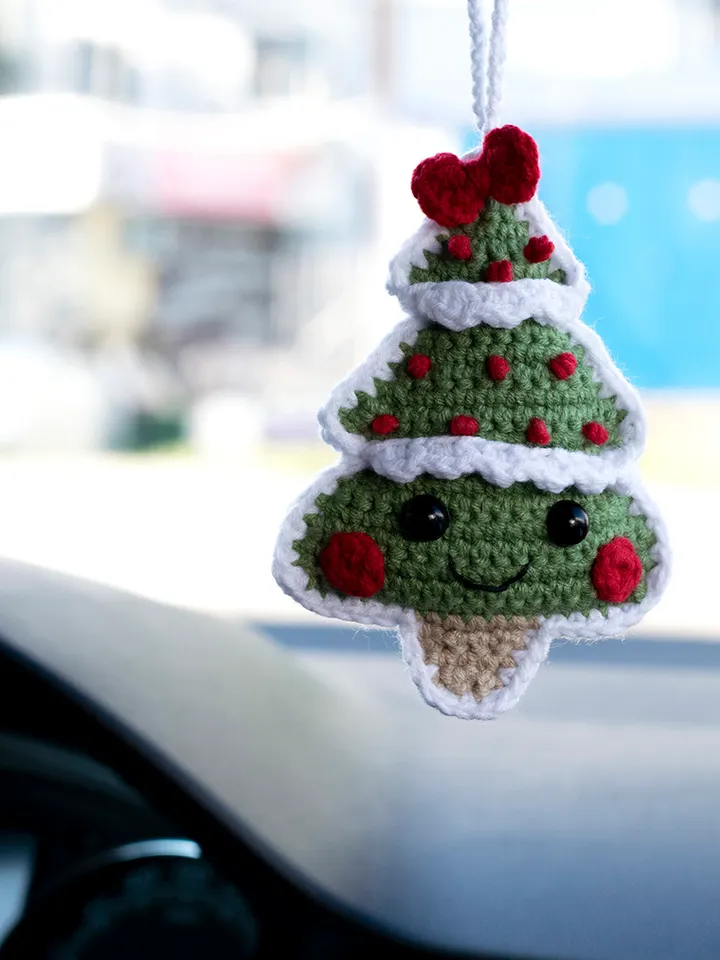 Crocheted Christmas tree car accessory for women, rear view mirror charm, car pendant, cute winter car hanging