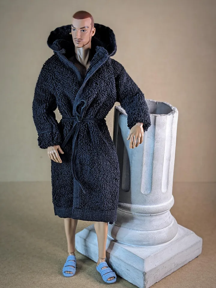 Navy blue terry bathrobe with a hood for 13 inch fashion male doll (FR Homme, Poppy Parker, Adonis)