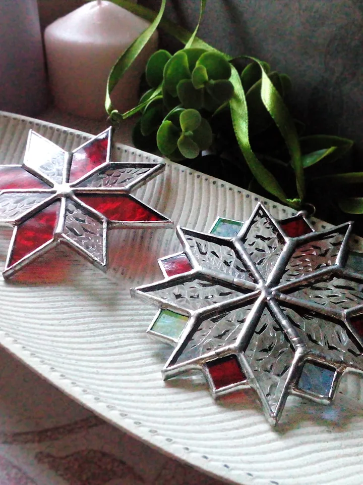 Set of 2 snowflake suncatchers, christmas ornaments, simple stained glass, Christmas decorations, Xmas tree star