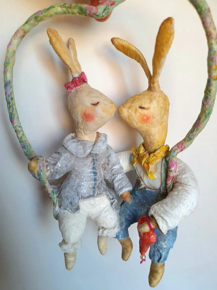 Bunny Couple Love Theme Room Decor Spun Cotton Ornament Heart Swing Decor Engagement Gift for Friend
