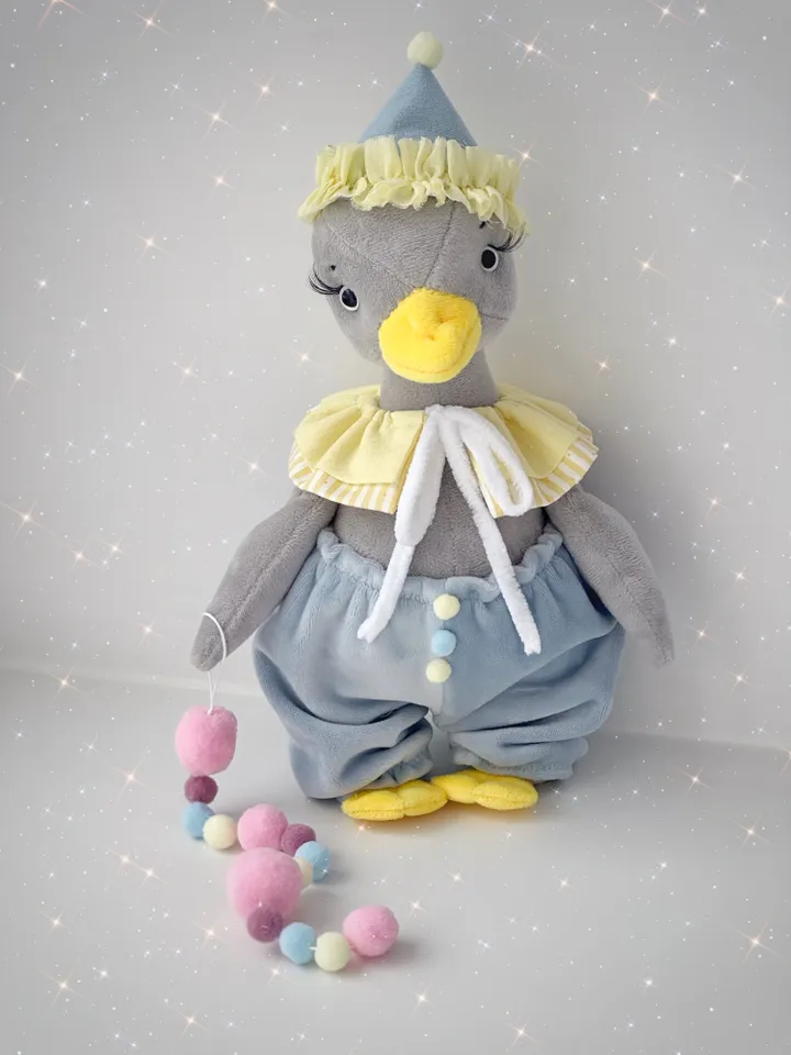 Handmade Plush Soft Birthday Goose. Stuffed Animal Toy. Geese with Circus Style Clothes.
