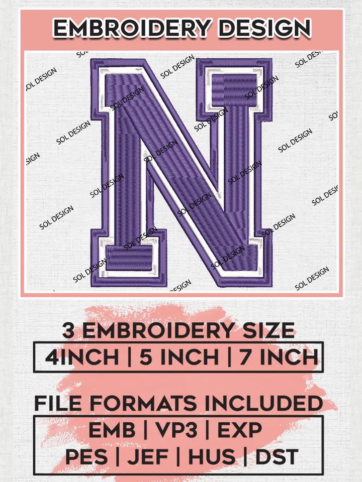 Northwestern State Demons Team Letter Logo Embroidery Design Files, NCAA Northwestern State Demons Machine Embroidery, NCAA Teams, Game Day, 3 sizes, NCAA Machine embroidery designs, Digital Download