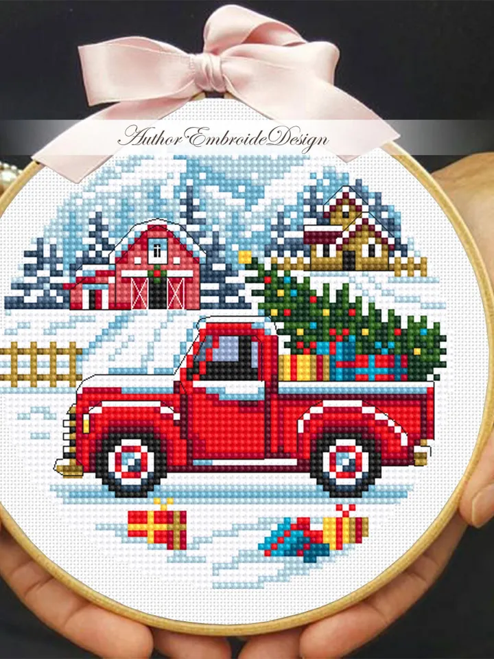 Red truck christmas cross stitch pattern PDF download Winter landscape cross stitch, Christmas pattern digital PDF Christmas farm barn #N177