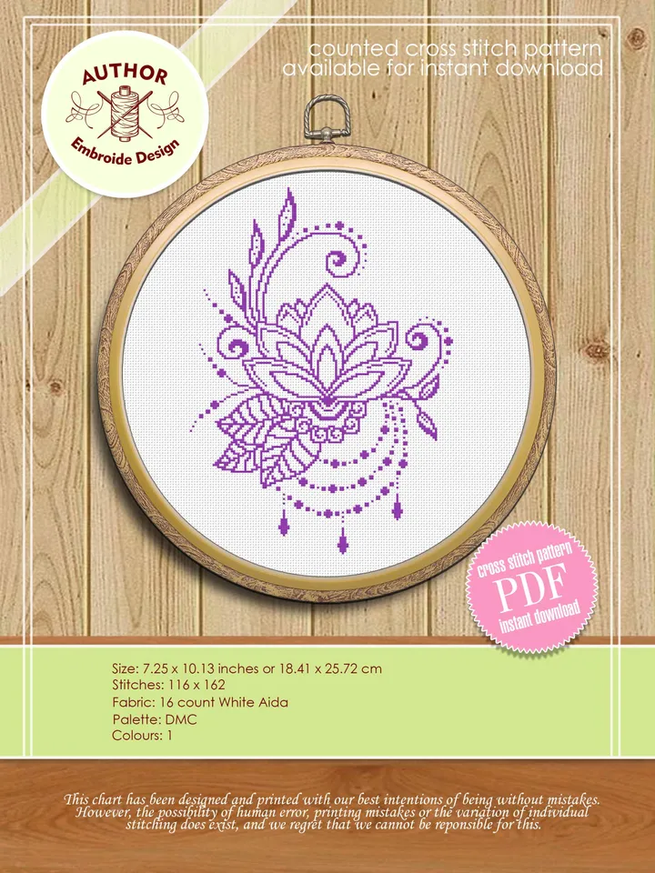 Flower lotus mandala cross stitch pattern download PDF, Floral ornament cross stitch chart, Monochrome mandala ornament, DIY Home decor #M58